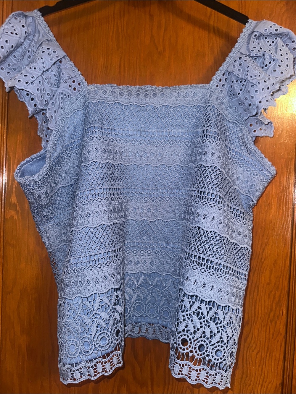 Ultra Pink Light Blue Eyelet Lace Ruffle Strap Camisole